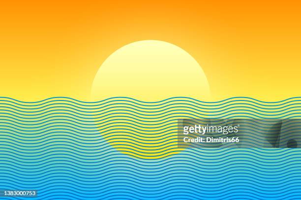 stockillustraties, clipart, cartoons en iconen met sun and sea stylised waves - zeegezicht