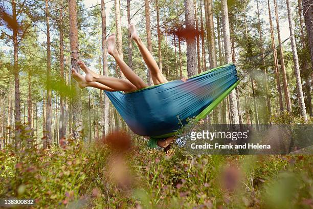 women relaxing in hammock in forest - family camping stock-fotos und bilder