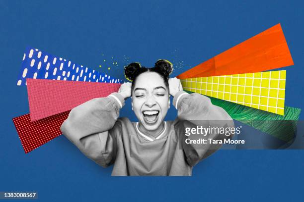 young person laughing holding shapes - montage stock-fotos und bilder