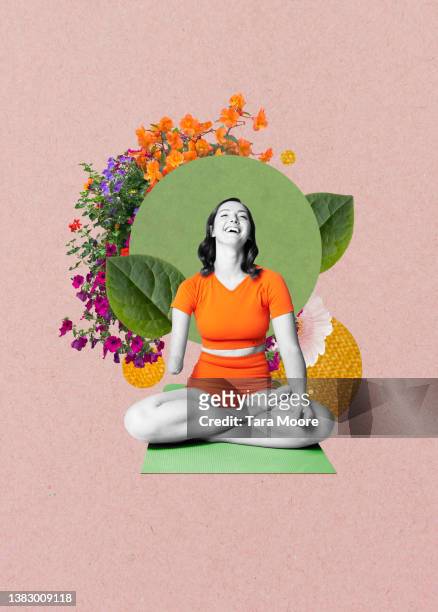 female amputee doing yoga - montage stock-fotos und bilder