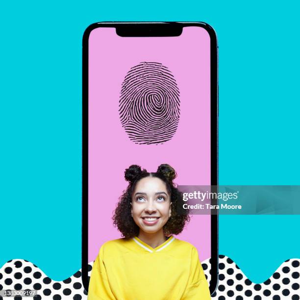 person in phone with finger print - digital identity stockfoto's en -beelden