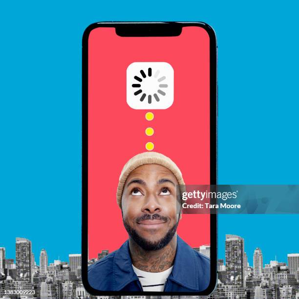 man in phone with loading icon - how to upload photos stock pictures, royalty-free photos & images