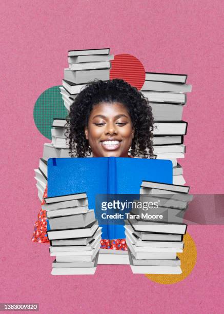 woman with books - collage fotografías e imágenes de stock