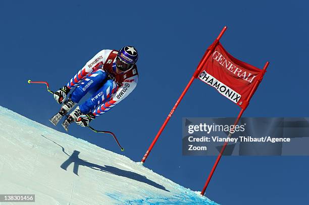 Adrien Theaux of France during the Audi FIS Alpine Ski World Cup Men's Super Combined on February 5, 2012 in Chamonix, France.