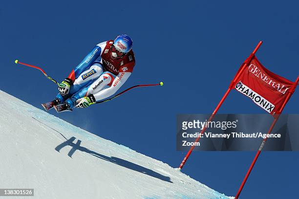 Didier Defago of Switzerland during the Audi FIS Alpine Ski World Cup Men's Super Combined on February 5, 2012 in Chamonix, France.