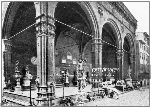 antique travel photographs of florence and tuscany: loggia dei lanzi (loggia della signoria) - brescia stock illustrations