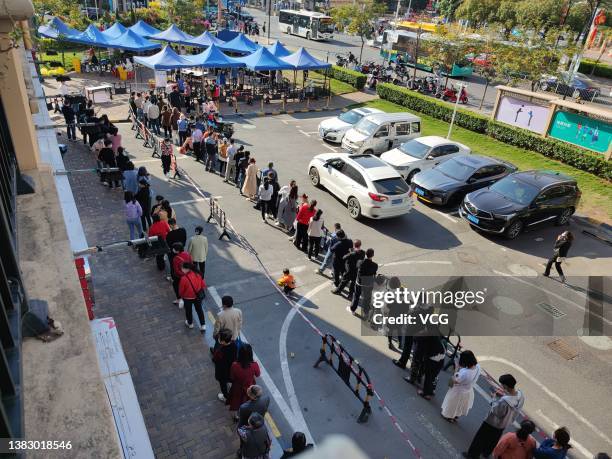 People line up for nucleic acid testing at a residential block on March 8, 2022 in Shenzhen, Guangdong Province of China.