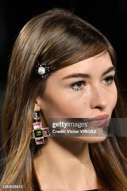 Model walks the runway during the Chanel Ready to Wear Fall/Winter 2022-2023 fashion show as part of the Paris Fashion Week on March 8, 2022 in...