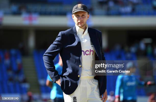 England captain Joe Root waits for the toss ahead of day one of the first test match between West Indies and England at Sir Vivian Richards Stadium...