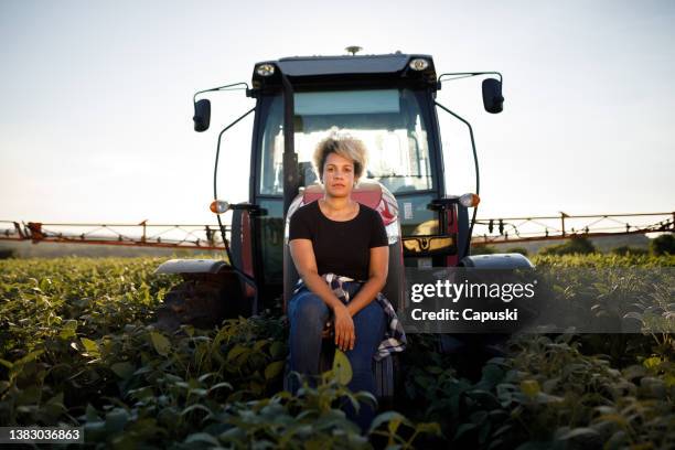 bauer sitzt vor einem mähdrescher auf dem feld - bauer traktor stock-fotos und bilder
