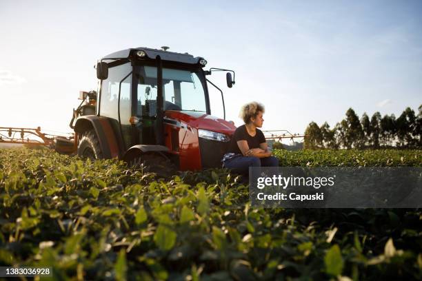 afro-brazilian woman sitting outside a combine in the field - agricultural equipment bildbanksfoton och bilder