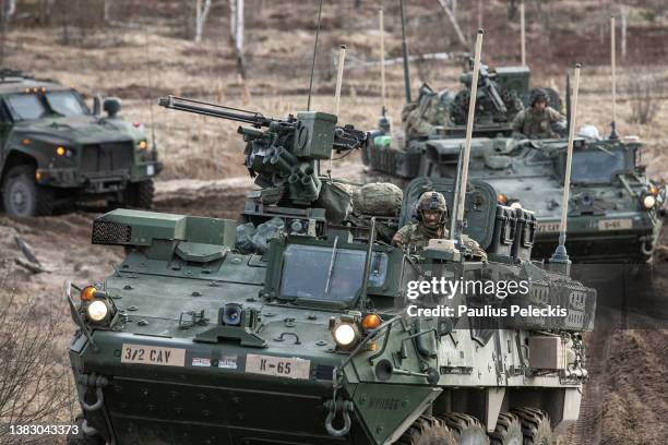 Members of the US army participate in the Crystal Arrow 2022 exercise on March 8, 2022 in Adazi, Latvia. Approximately 2,800 soldiers from Albania,...