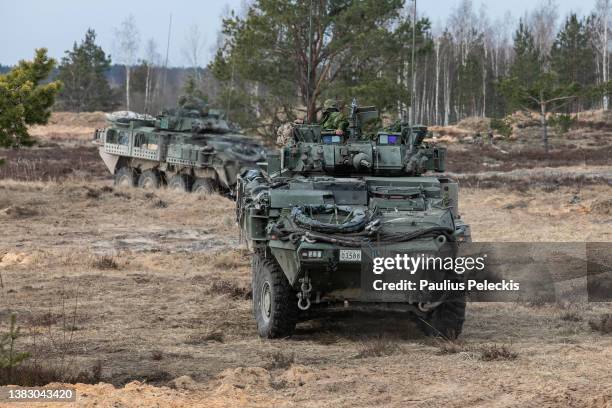 Members of the Canadian army participate in the Crystal Arrow 2022 exercise on March 8, 2022 in Adazi, Latvia. Approximately 2,800 soldiers from...