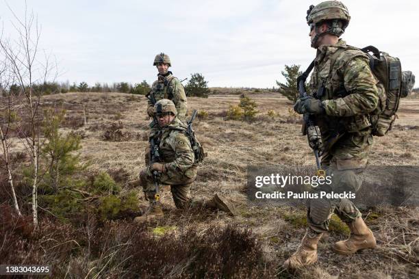 Members of the US army participate in the Crystal Arrow 2022 exercise on March 8, 2022 in Adazi, Latvia. Approximately 2,800 soldiers from Albania,...