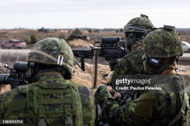 Members of the Canadian army participate in the Crystal Arrow 2022 exercise on March 8, 2022 in Adazi, Latvia. Approximately 2,800 soldiers from...