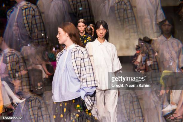 Models showcase designs during the finale of Melbourne Fashion Festival Runway 2 show on March 08, 2022 in Melbourne, Australia.