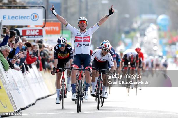 Mads Pedersen of Denmark and Team Trek - Segafredo celebrates at finish line as stage winner ahead of Wout Van Aert of Belgium and Team Jumbo - Visma...