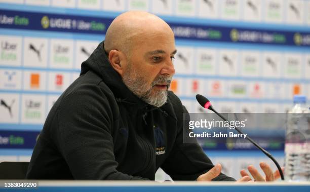 Coach of Olympique de Marseille Jorge Sampaoli answers to the media during the post-match press conference following the Ligue 1 Uber Eats match...