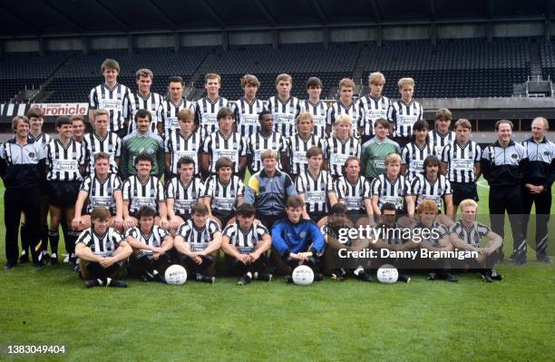 The Newcastle United squad line up ahead of the 1986/87 season at St James' Park in July 1986 in Newcastle upon Tyne, England, selected members of...