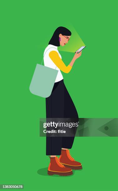 fashion and beautiful girl  with empty shopping bag are watching mobil phone while walking - only teenage girls stock illustrations