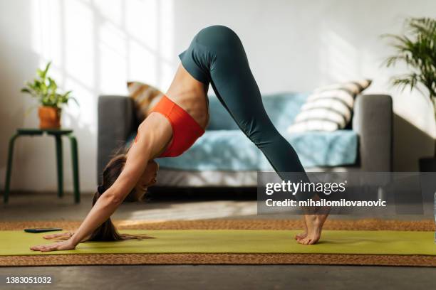 stretching yoga - downward facing dog position stock pictures, royalty-free photos & images