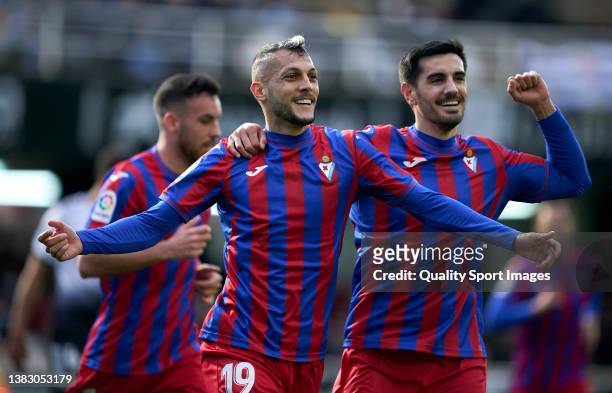 Juan Diego Molina 'Stoichkov' of SD Eibar celebrates after scoring their side's first goal with his teammate Chema Rodriguez during the LaLiga...