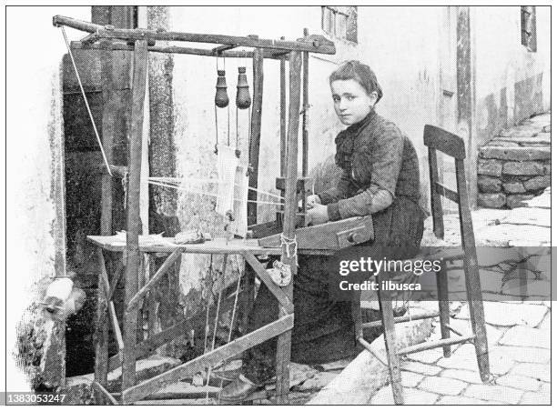 antique travel photographs of naples and campania: woman working in the street - loom stock illustrations