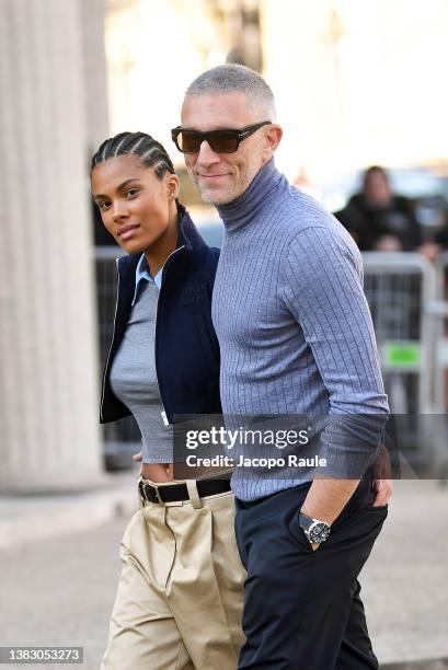 Tina Kunakey and Vincent Cassel attend the Miu Miu Womenswear Fall/Winter 2022/2023 show as part of Paris Fashion Week on March 08, 2022 in Paris,...