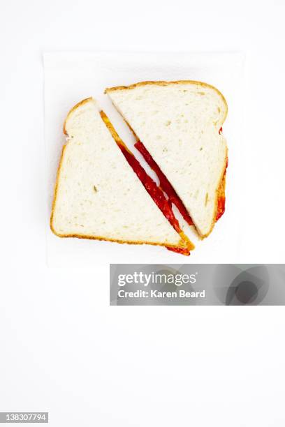 one peanut butter and jelly sandwich cut in half - peanut butter and jelly sandwich fotografías e imágenes de stock