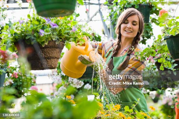 caucasian woman watering plants in nursery - holding watering can stock pictures, royalty-free photos & images
