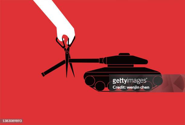 ilustraciones, imágenes clip art, dibujos animados e iconos de stock de el gigante corta el cañón del tanque con tijeras, sin guerra, ilustración del concepto de paz. - peace sign