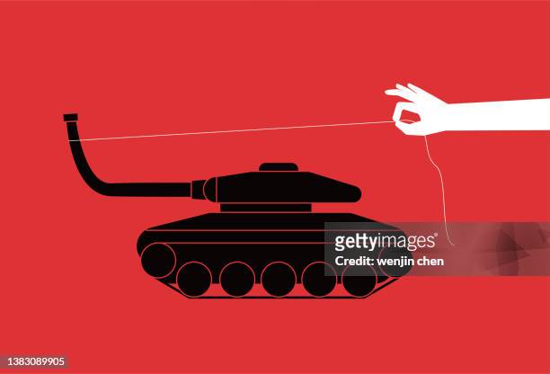 stockillustraties, clipart, cartoons en iconen met the giant bends the barrel of the tank with a rope, no war, peace concept illustration. - pulling