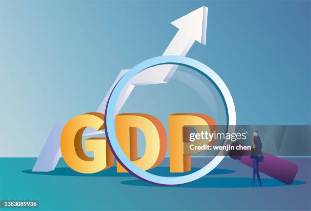 geschäftsmann beobachtet steigende bip-daten mit lupe - bruttoinlandsprodukt stock-grafiken, -clipart, -cartoons und -symbole