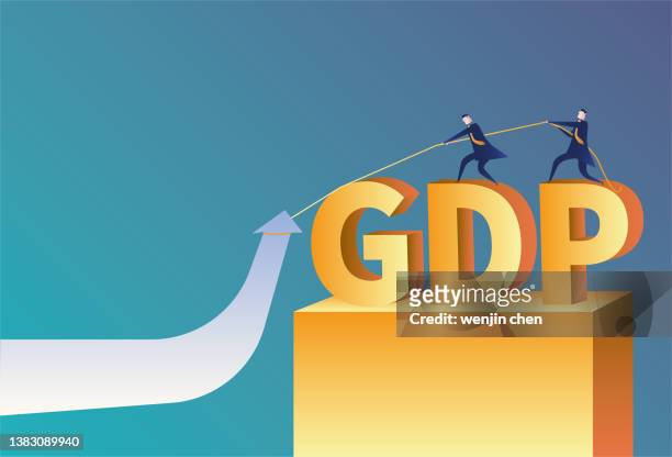 the businessmen use the rope to raise the gdp - pulling stock illustrations