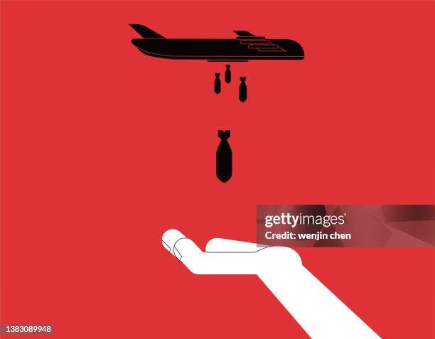illustrazioni stock, clip art, cartoni animati e icone di tendenza di il gigante cattura la bomba sganciata dal bombardiere, nessuna guerra, illustrazione del concetto di pace. - bombardamento