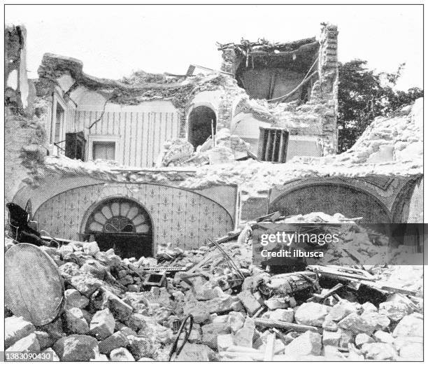 antique travel photographs of naples and campania: ischia earthquake, drawing room of la piccola sentinella - aftermath of the earthquake in ischia stock illustrations