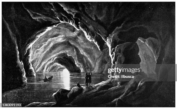 antique travel photographs of naples and campania: grotta azzurra, blue grotto, capri - grotto cave stock illustrations