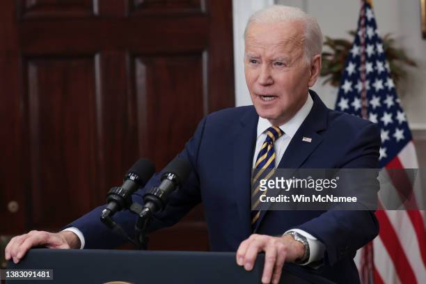 President Joe Biden speaks in the Roosevelt Room of the White House March 8, 2022 in Washington, DC. During his remarks, Biden announced a full ban...