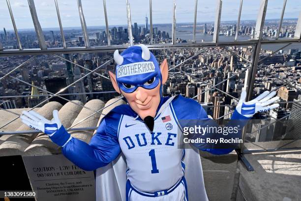 The mascot of the Duke Blue Devils visits the Empire State Building in advance of the tournament on March 08, 2022 in New York City.
