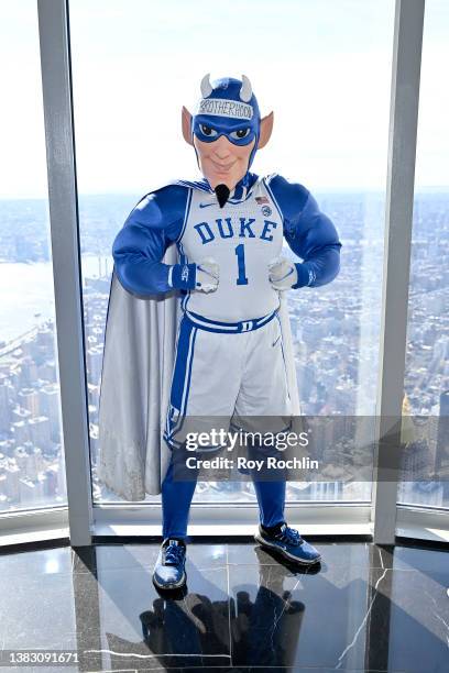 The mascot of the Duke Blue Devils visits the Empire State Building in advance of the tournament on March 08, 2022 in New York City.