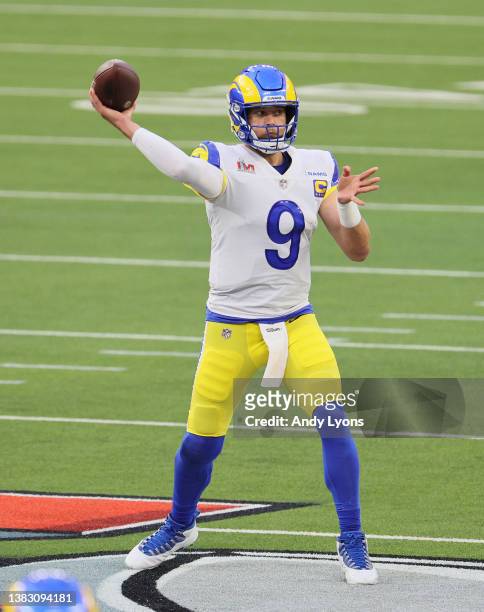 Matthew Stafford of the Los Angles Rams against the Cincinnati Bengals during the Super Bowl at SoFi Stadium on February 13, 2022 in Inglewood,...