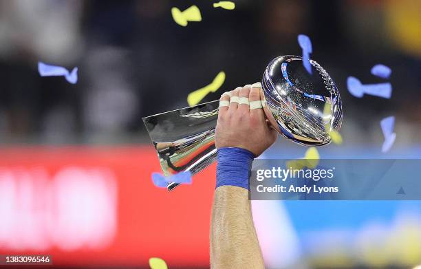 The Lombardi Trophy after the Los Angeles Rams against the Cincinnati Bengals during the Super Bowl at SoFi Stadium on February 13, 2022 in...