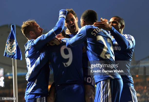 Juan Mata of Chelsea celebrates scoring his side's second goal with team mates Raul Meireles , Fernando Torres, Daniel Sturridge and Florent Malouda...