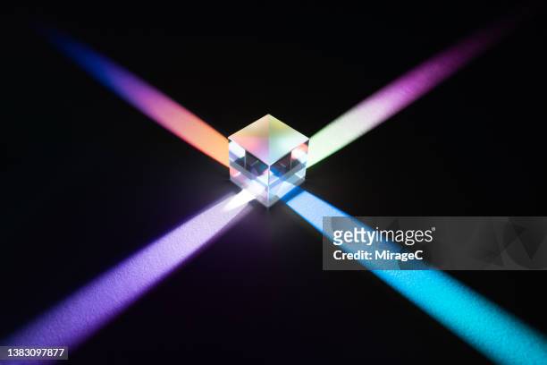 prism refracting multi colored light beam - glowing cube stock pictures, royalty-free photos & images