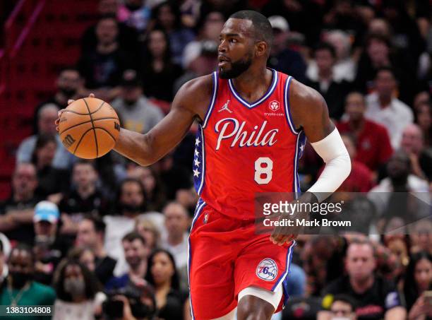 Paul Millsap of the Philadelphia 76ers controls the ball against the Miami Heat in the first half at FTX Arena on March 05, 2022 in Miami, Florida....