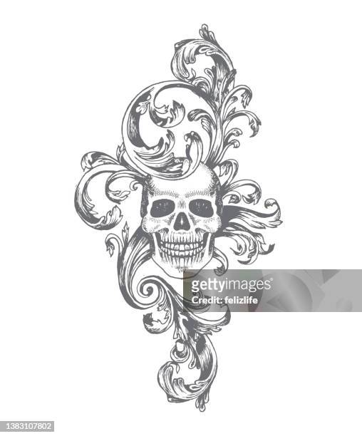 hand-drawing baroque style skull ornament - skull cap stock illustrations