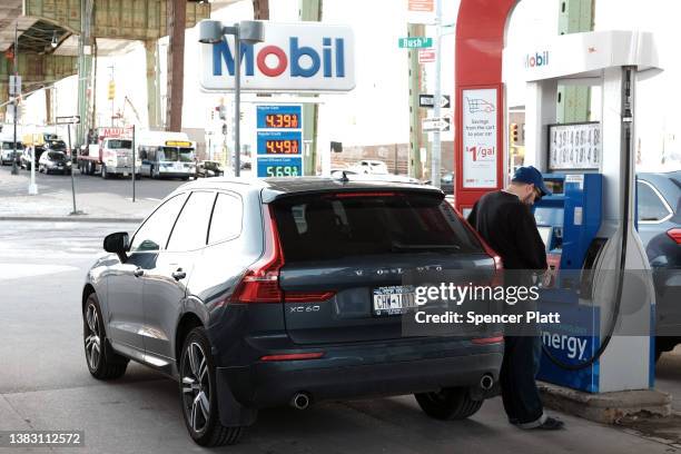 Gas prices are displayed at a Brooklyn gas station on March 08, 2022 in New York City. Gas prices are at record highs around the country as the...