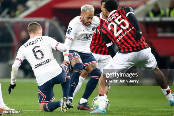 Neymar Jr of PSG during the Ligue 1 Uber Eats match between OGC Nice and Paris Saint-Germain at Allianz Riviera Stadium on March 5, 2022 in Nice,...