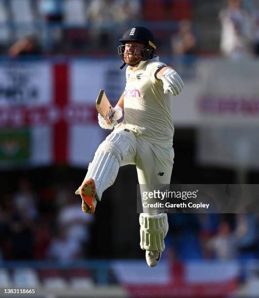 Jonathan Bairstow of England celebrates reaching his century during day one of the first test match between West Indies and England at Sir Vivian...