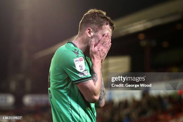 Josh Tymon of Stoke City reacts during the Sky Bet Championship match between Barnsley and Stoke City at Oakwell Stadium on March 08, 2022 in...
